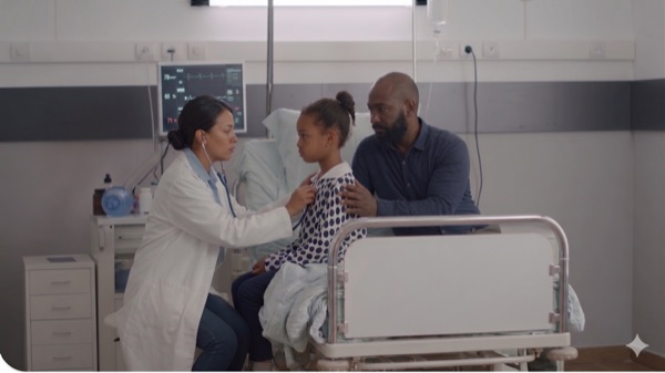 Clinician examining a young patient in a hospital room