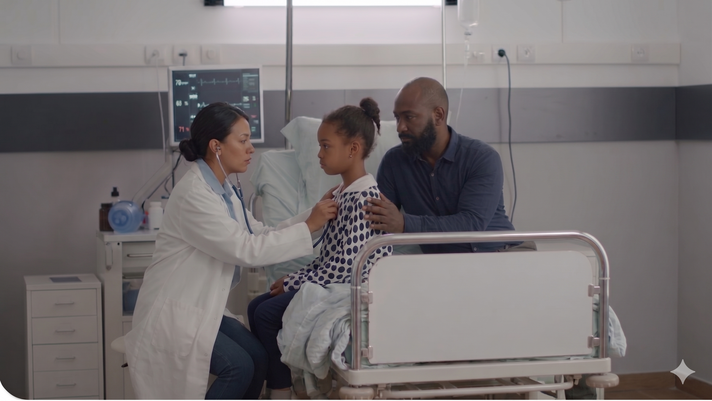 Clinician examining a young patient in a hospital room