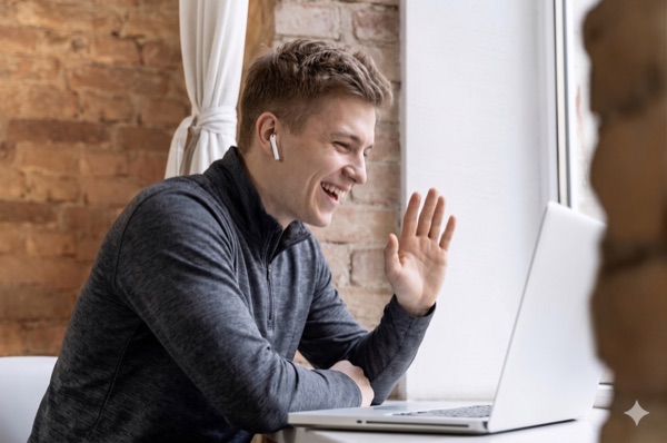 Professional waving hello during a video call on a laptop
