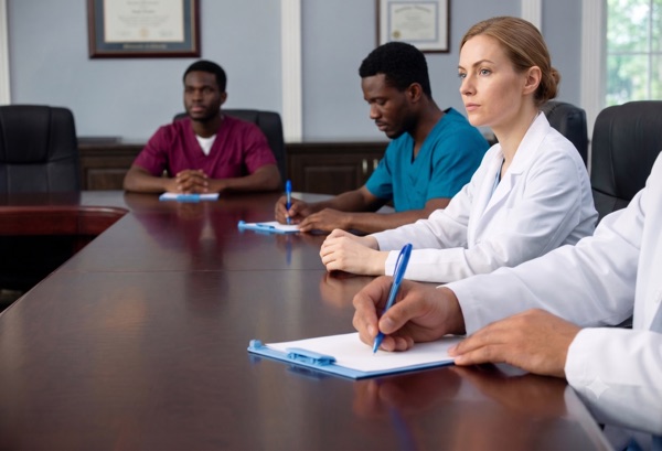 Healthcare professionals in a conference room meeting